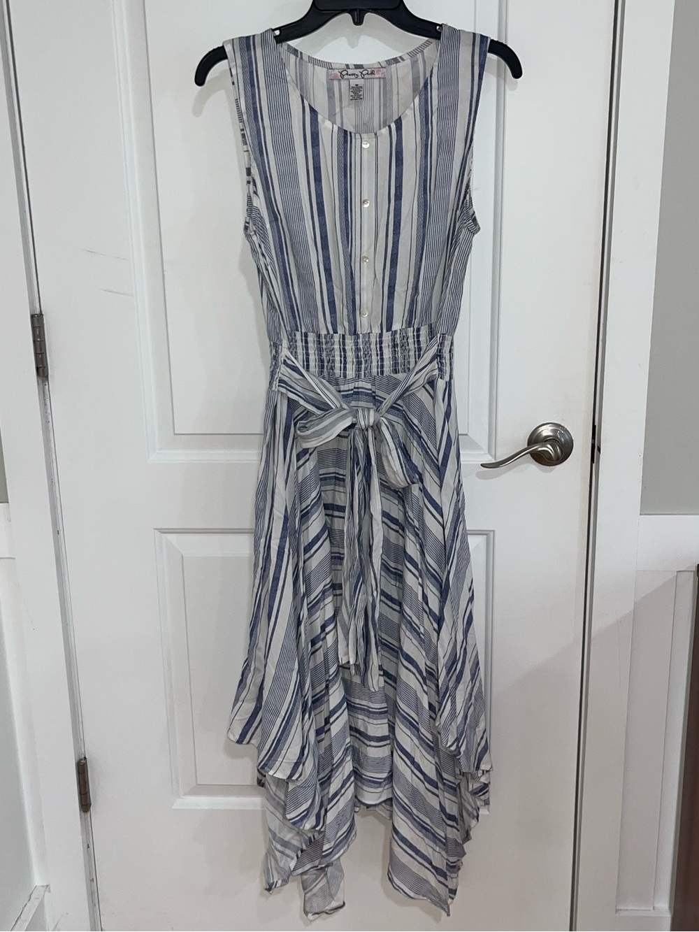 Pretty Pink Sleeveless Striped Tie-Waist Midi Dress - Blue & White